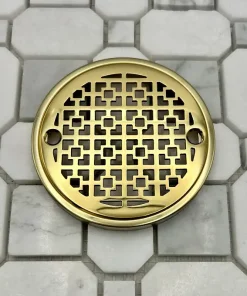 Round Drain in Polished Brass Finish.