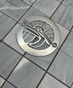 Round drain in Polished stainless steel finish.