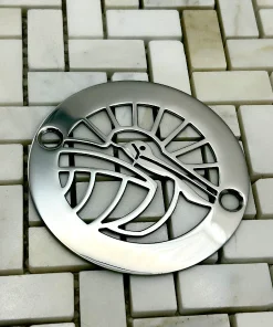 Round drain in Polished stainless steel finish.