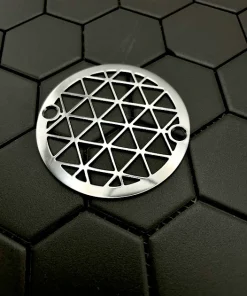 Round drain in Polished stainless steel finish.