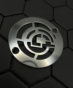 Round drain in Polished stainless steel finish.
