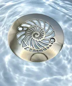 Round drain with nautilus design in polished stainless steel finish.