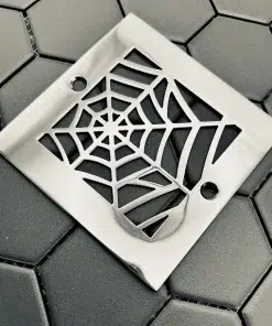 Square drain with polished stainless steel finish.