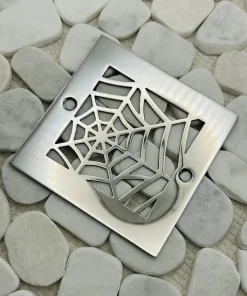 Square drain with polished stainless steel finish.
