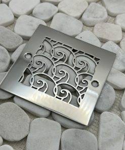 Square drain with polished stainless steel finish.