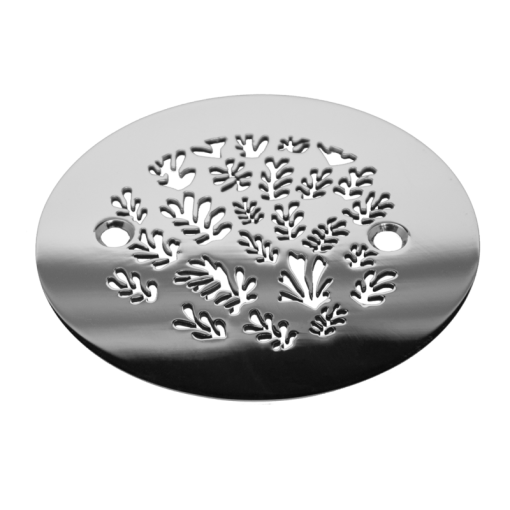 Spray Of Leaves, 4.25 Round Shower Drain Cover, Polished Stainless_Designer Drains
