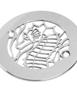 4.25 inch round Sea Horse shower drain with 2-5/8 center to center of fastening holes, stainless steel shower drain