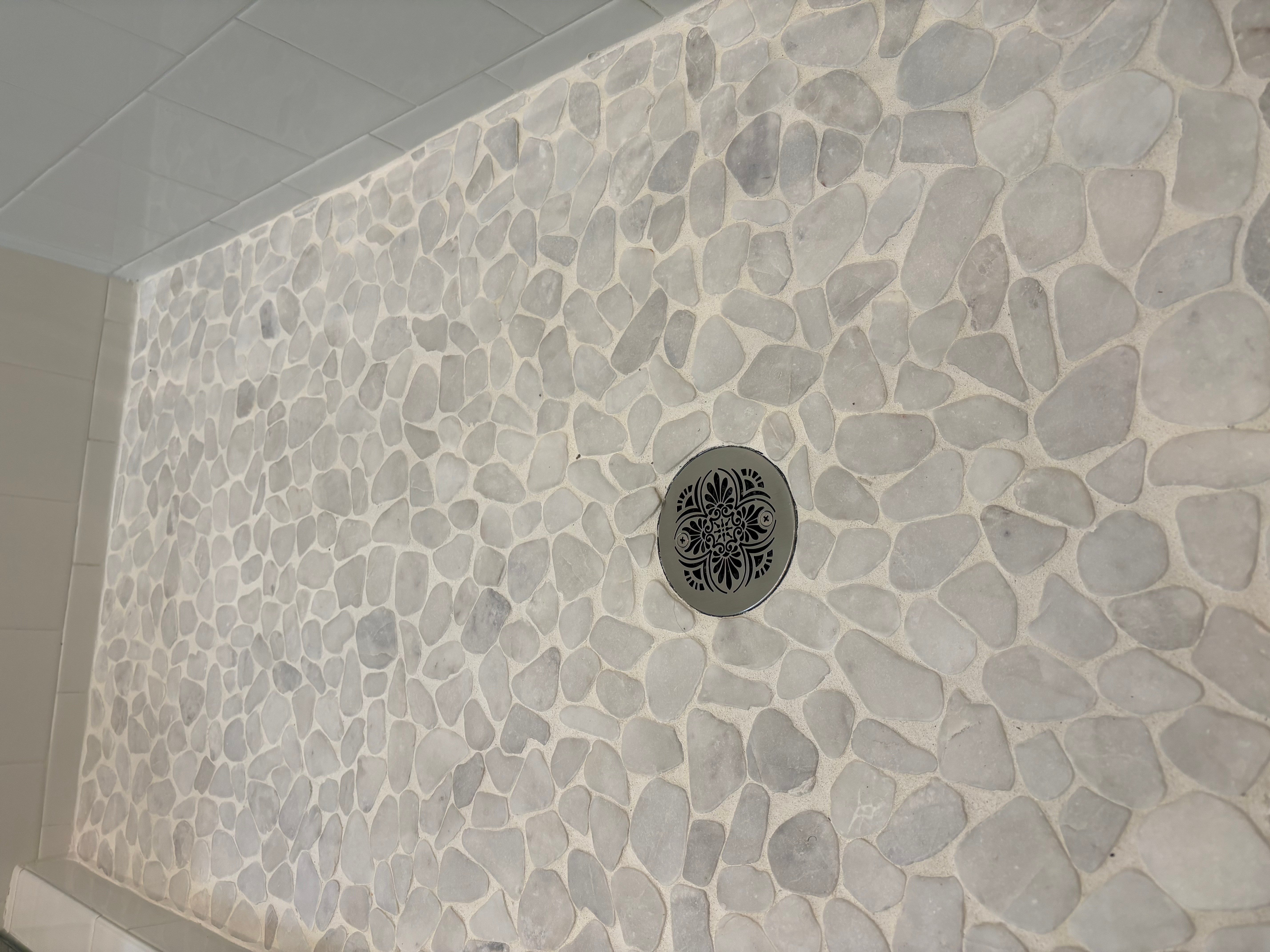 4.25 Round Shower Drain Greek Anthemion Customer Install
