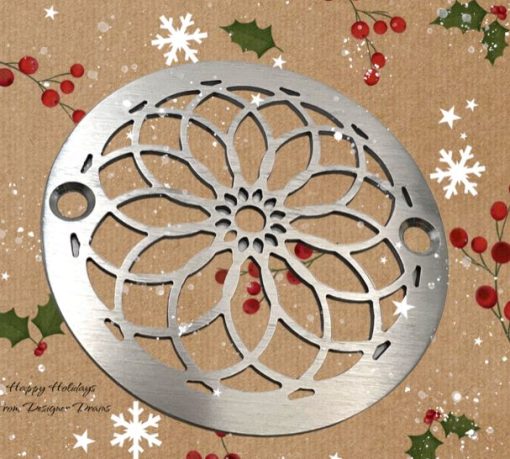 Mandala-3.25-round-shower-drain-cover-brushed-stainless-Christmas_Designer-Drains.