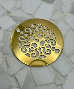 Round drain in a Polished Brass finish.