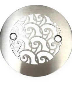 Waves 4.25 inch round shower drain in brushed stainless steel on white background.