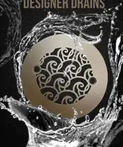 Waves 4.25 inch round shower drain in champagne bronze with a water splash around it on black background.