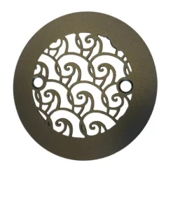 Oceanus Waves 4.25 inch round shower drain cover in oil rubbed bronze on white background.