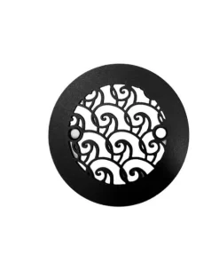 Waves 4.25 inch round shower drain in matte black on white background