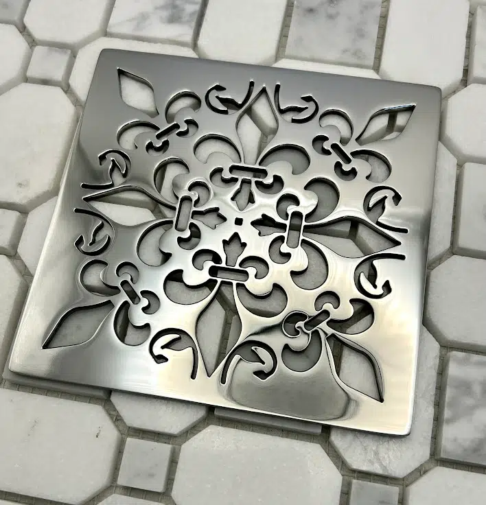 Square drain in Polished stainless steel finish.