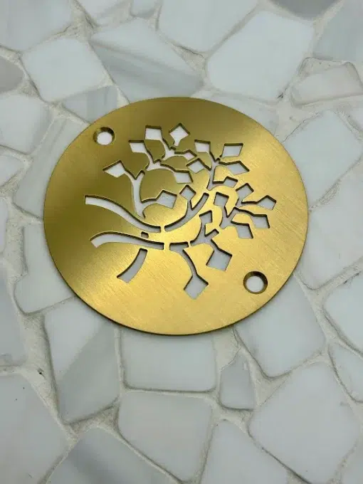 Round drain in a Brushed Brass finish.