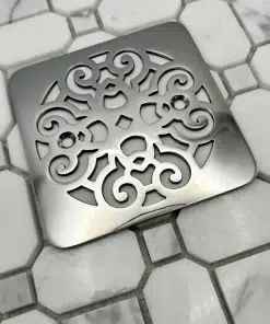 Square drain in Polished stainless steel finish.