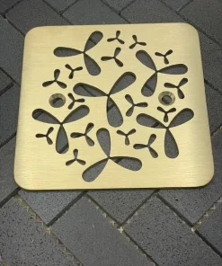 Lerna Flowers square shower drain cover made to fit Kohler K-9136, brushed brass finish.
