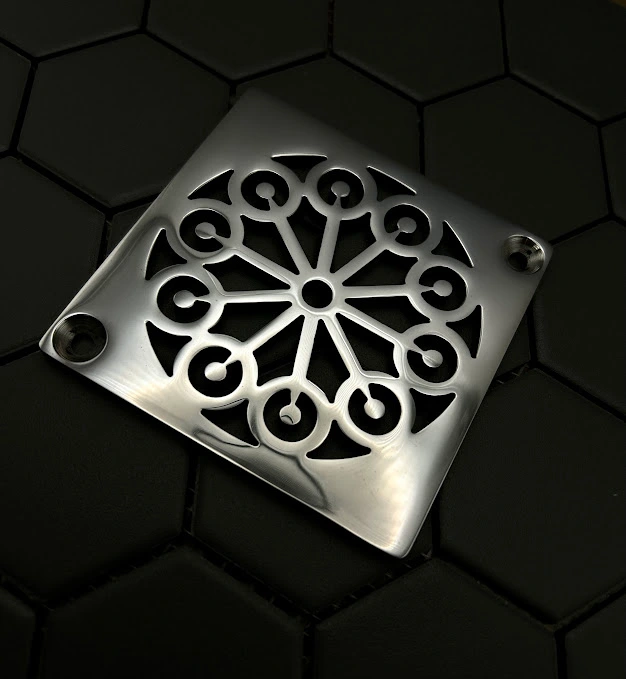 Square drain in Polished stainless steel finish.