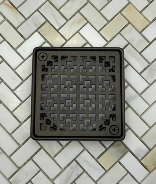 Square drain with oil rubbed bronze finish.