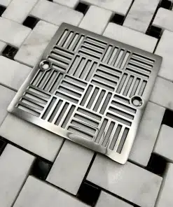 Square drain in Polished stainless steel finish.