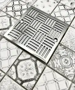 Square drain in Polished stainless steel finish.