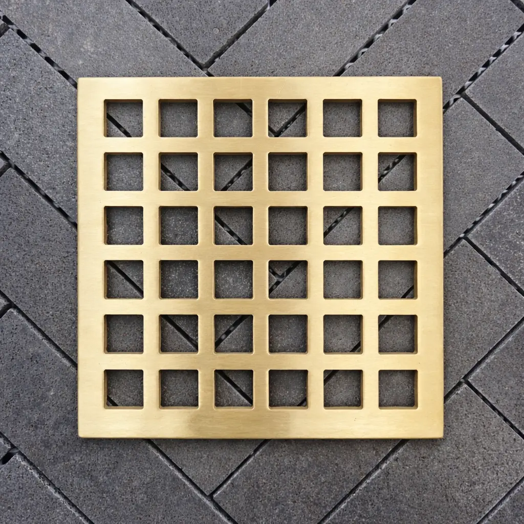 Square Shower Drain, Replacement For Schluter-Kerdi, Geometric Squares No. 7 brushed brass