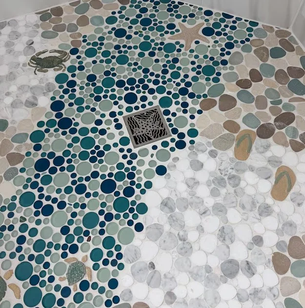 Starfish square shower drain for Kohler K-9136 brushed stainless steel by Designer Drains. Customer Install