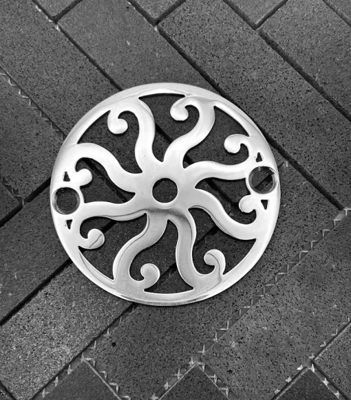 Round drain with polished stainess steel finish.