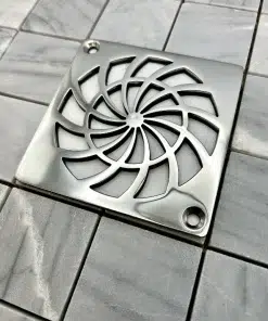 Square Drain with classic shield design in Polished stainless steel finish.