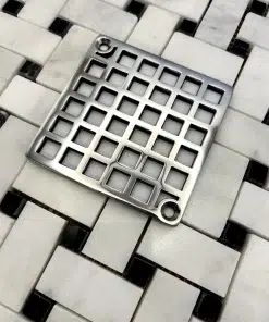 Square drain with Geometric squares 7 design in polished stainless steel finish.