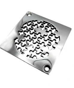 Square drain with puzzle design in polished stainless steel finish.