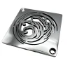 Square drain with wave design in polished stainless steel finish.
