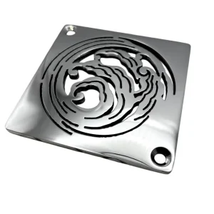 Square drain with wave design in polished stainless steel finish.