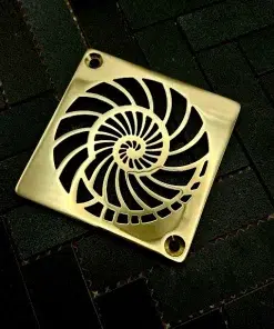 Square drain with polished brass finish.