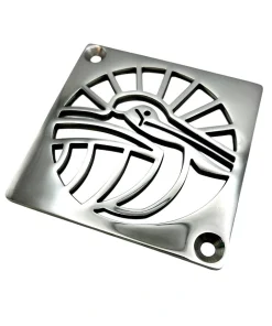 Square Drain with pelican design in polished stainless steel finish.