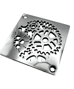 Square drain with sprockets design in polished stainless steel finish.