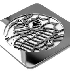 4 inch square polished stainless steel Designer Drains Sea Horse Design