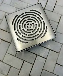 Square drain in maze design with brushed stainless steel finish. Replacement for Schluter Trendline.