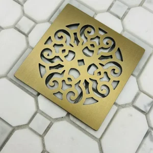 Square drain with champagne bronze finish.