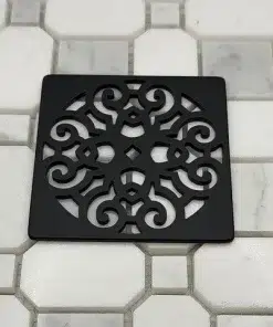 Classic Scrolls No. 4 matte black square shower drain compatible with Wedi