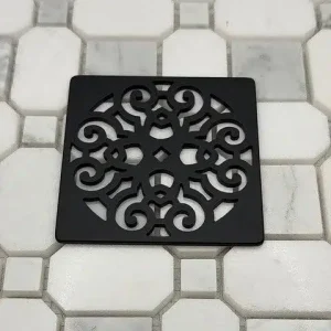 Classic Scrolls No. 4 matte black square shower drain compatible with Wedi