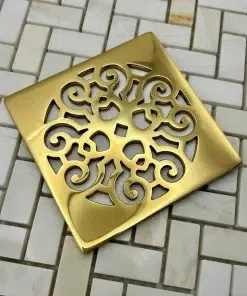 Square drain with polished brass finish.