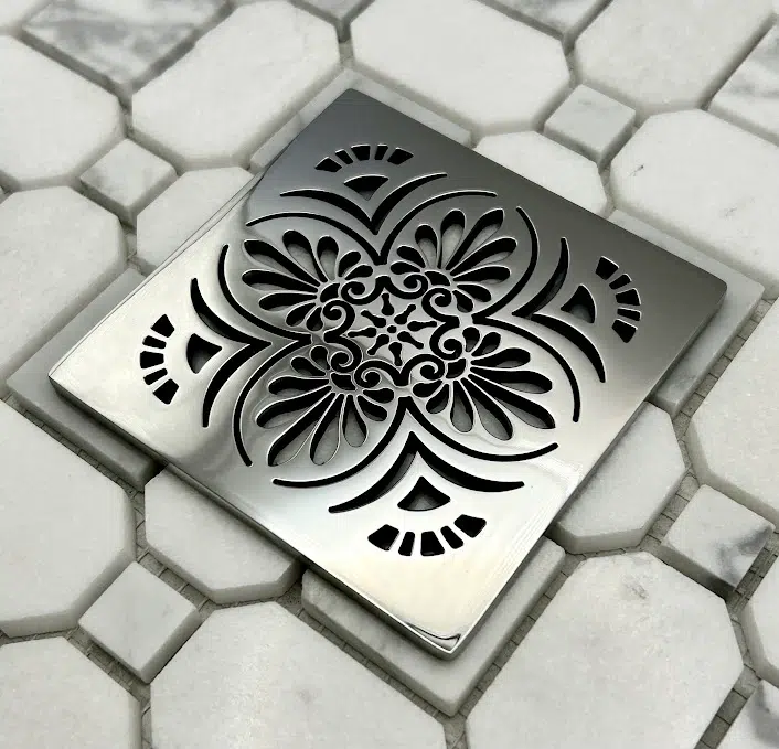 Square drain in Polished stainless steel finish.
