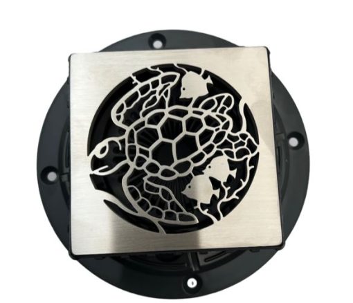 Square Shower Drain Cover, Turtle on Rough-In, Ebbe Cover, Brushed Stainless