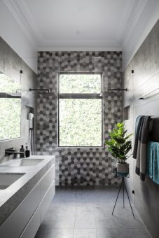 The grey and white double vanity