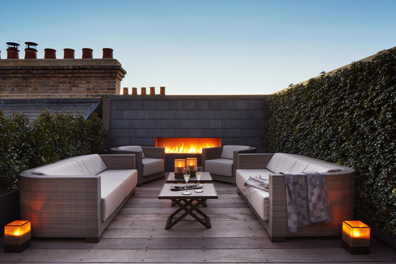 rooftop combines a built-in fireplace