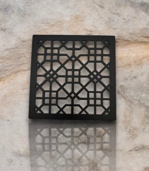Moresque-No.-1-square-drain-on-tile_Designer-Drains
