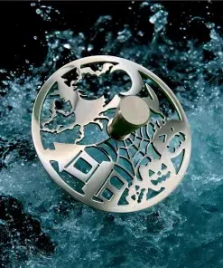 Round Sink Strainer with trick or treat design in polished stainless steel finish.