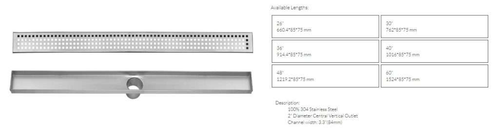 available linear drain sizes